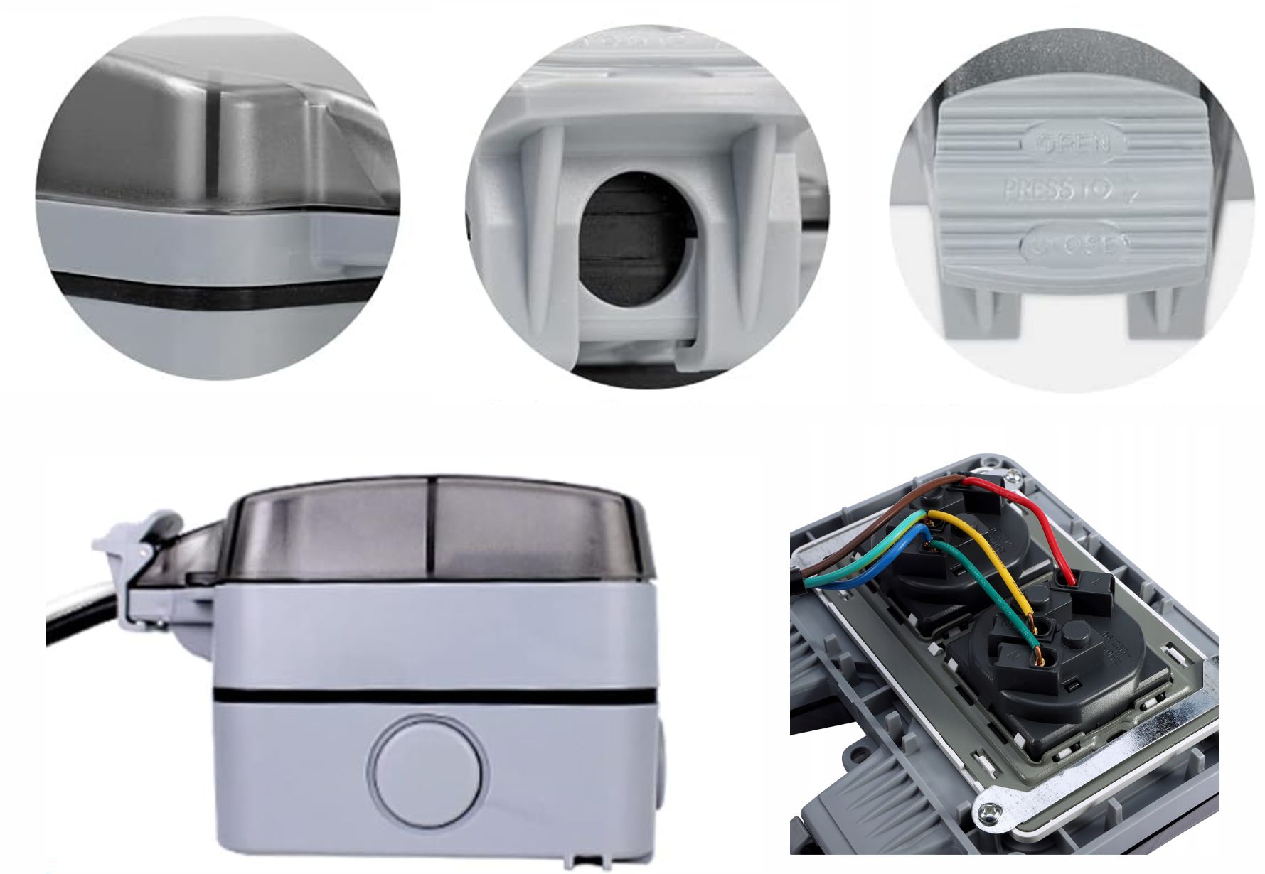 Podwójne gniazdo 230V hermetyczne, zewnętrzne, IP66, w kolorze jasnoszarym, z transparentną pokrywką, z pełnym zestawem mocującym 20