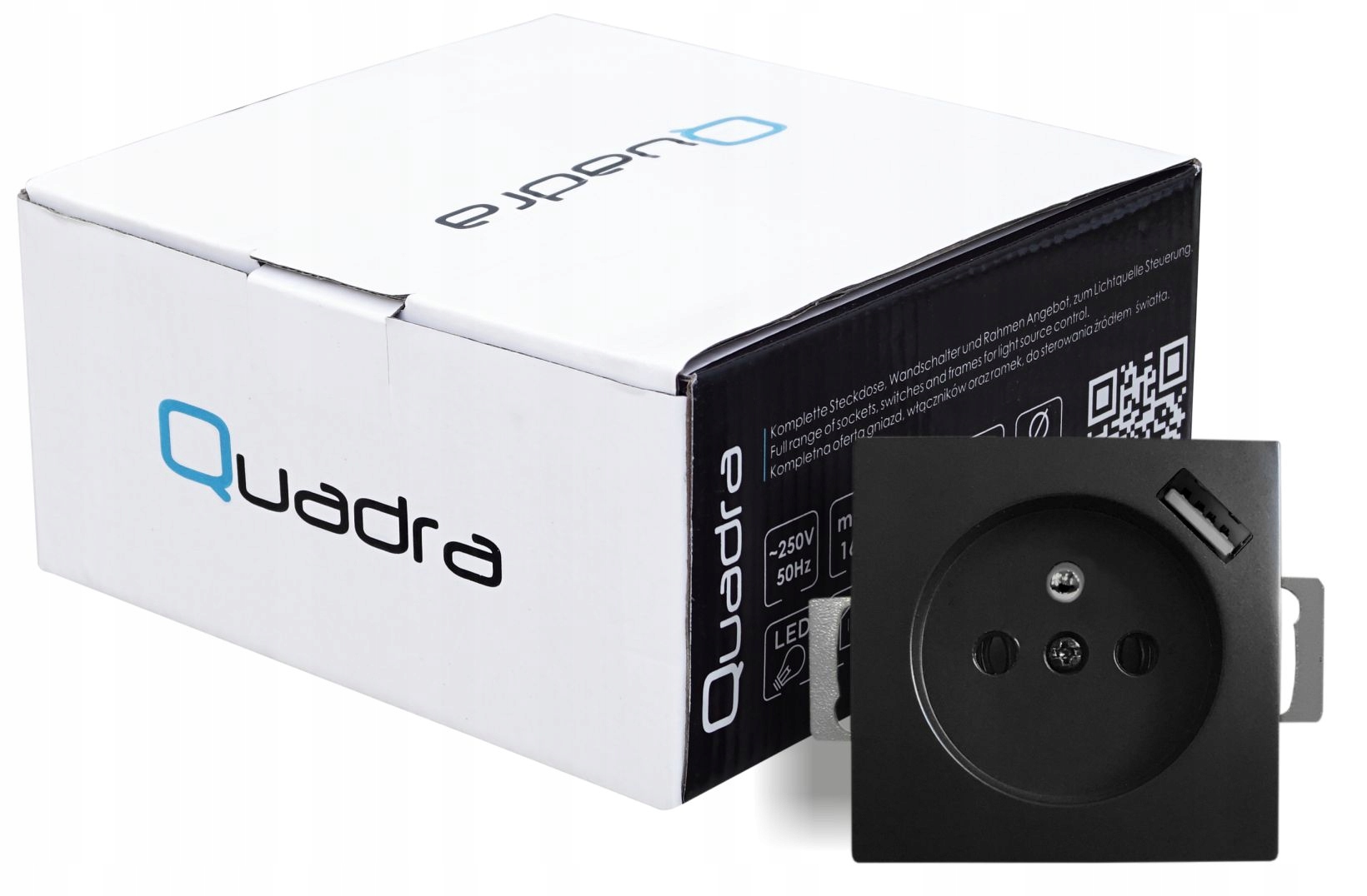 QUADRA Gniazdko Z Bolcem USB Czarne Do Ramek 230V
