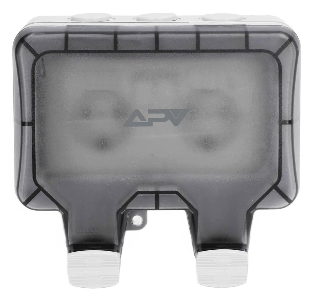 Podwójne gniazdo 230V hermetyczne, zewnętrzne, IP66, w kolorze jasnoszarym, z transparentną pokrywką, z pełnym zestawem mocującym 20