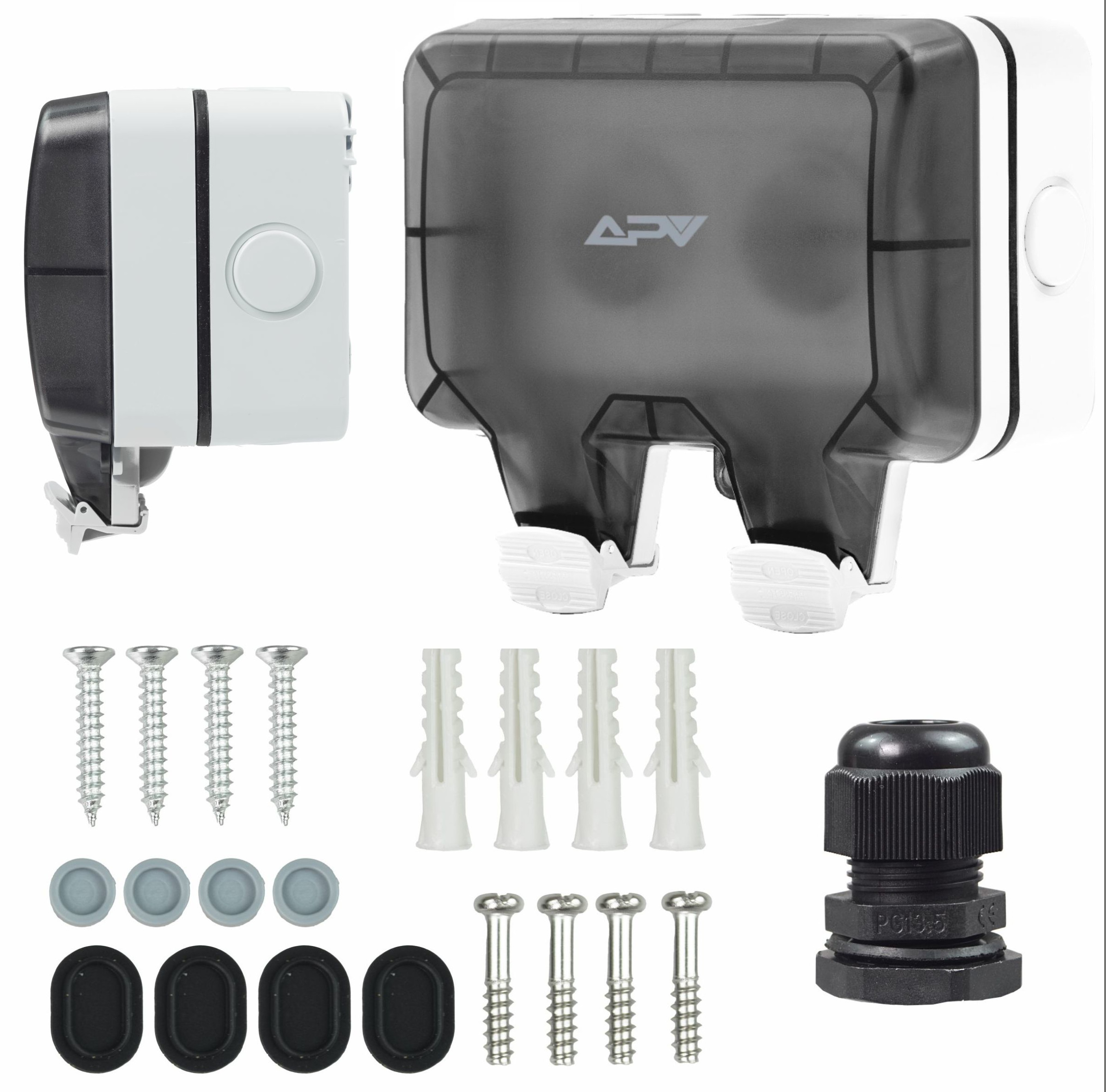 Podwójne gniazdo 230V hermetyczne, zewnętrzne, IP66, w kolorze jasnoszarym, z transparentną pokrywką, z pełnym zestawem mocującym 20