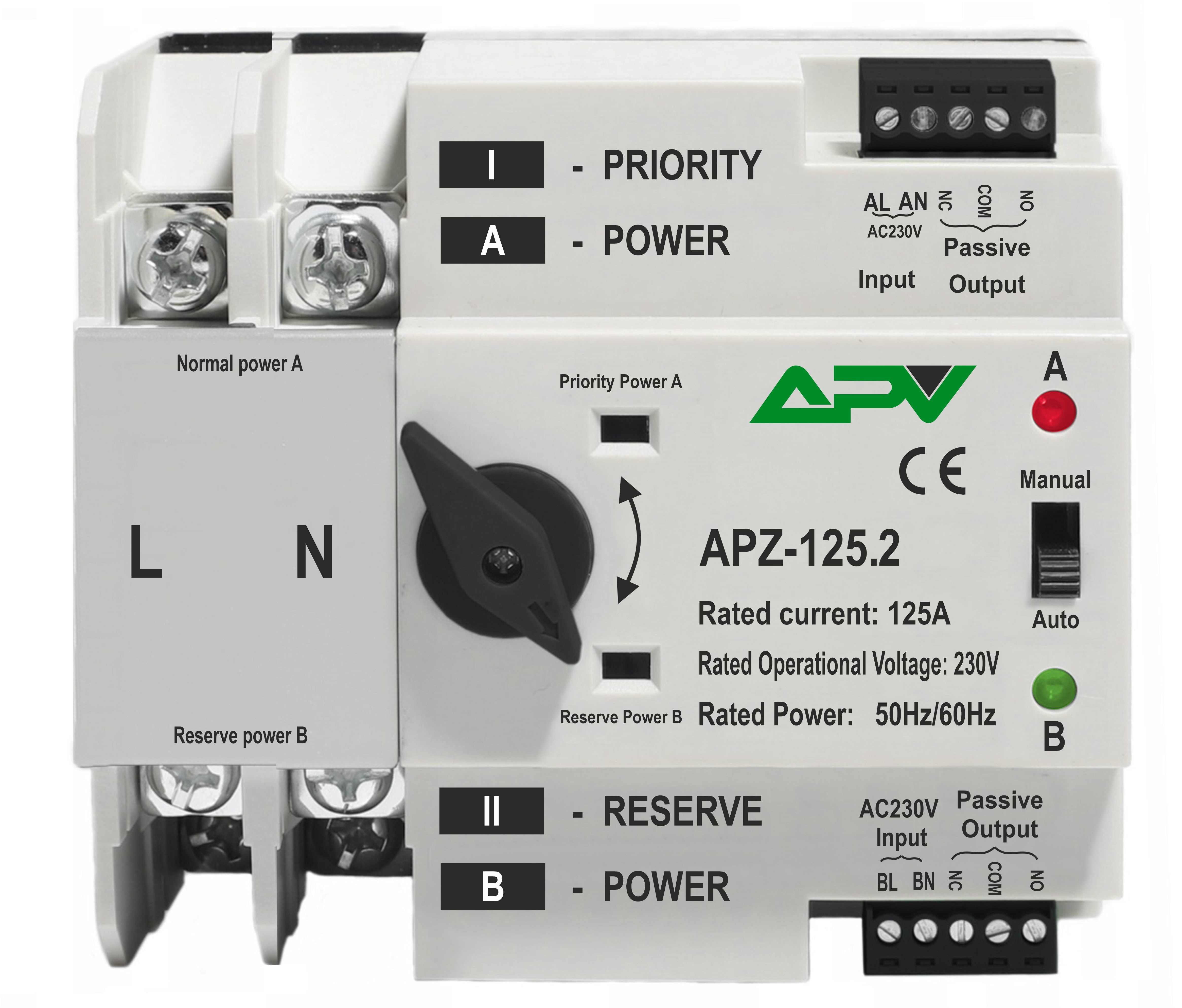 1-FAZOWY AUTOMATYCZNY PRZEŁĄCZNIK ZASILANIA, 2P, 125A, 230V, DO FOTOWOLTAIKI, MARKI APV 10