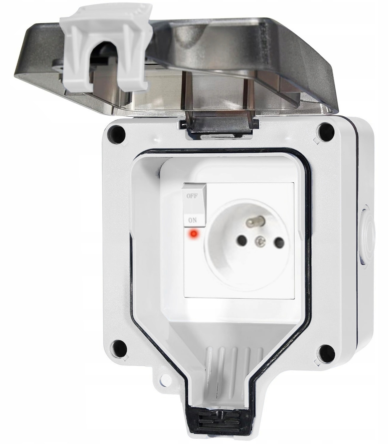 Podwójne gniazdo 230V hermetyczne, zewnętrzne, IP66, w kolorze jasnoszarym, z transparentną pokrywką, z pełnym zestawem mocującym