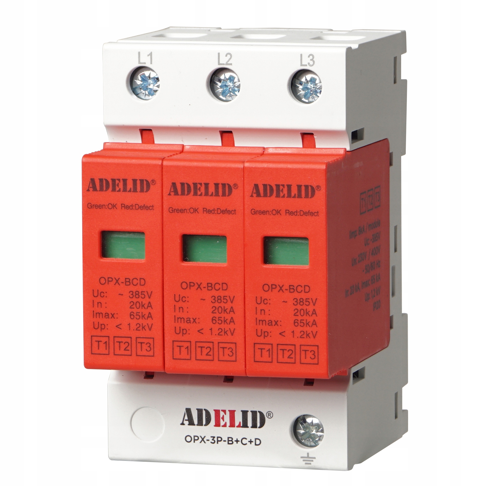 Ochronnik przeciwprzepięciowy 2-polowy, 3-fazowy, klasa B+C+D, 20-65 kA