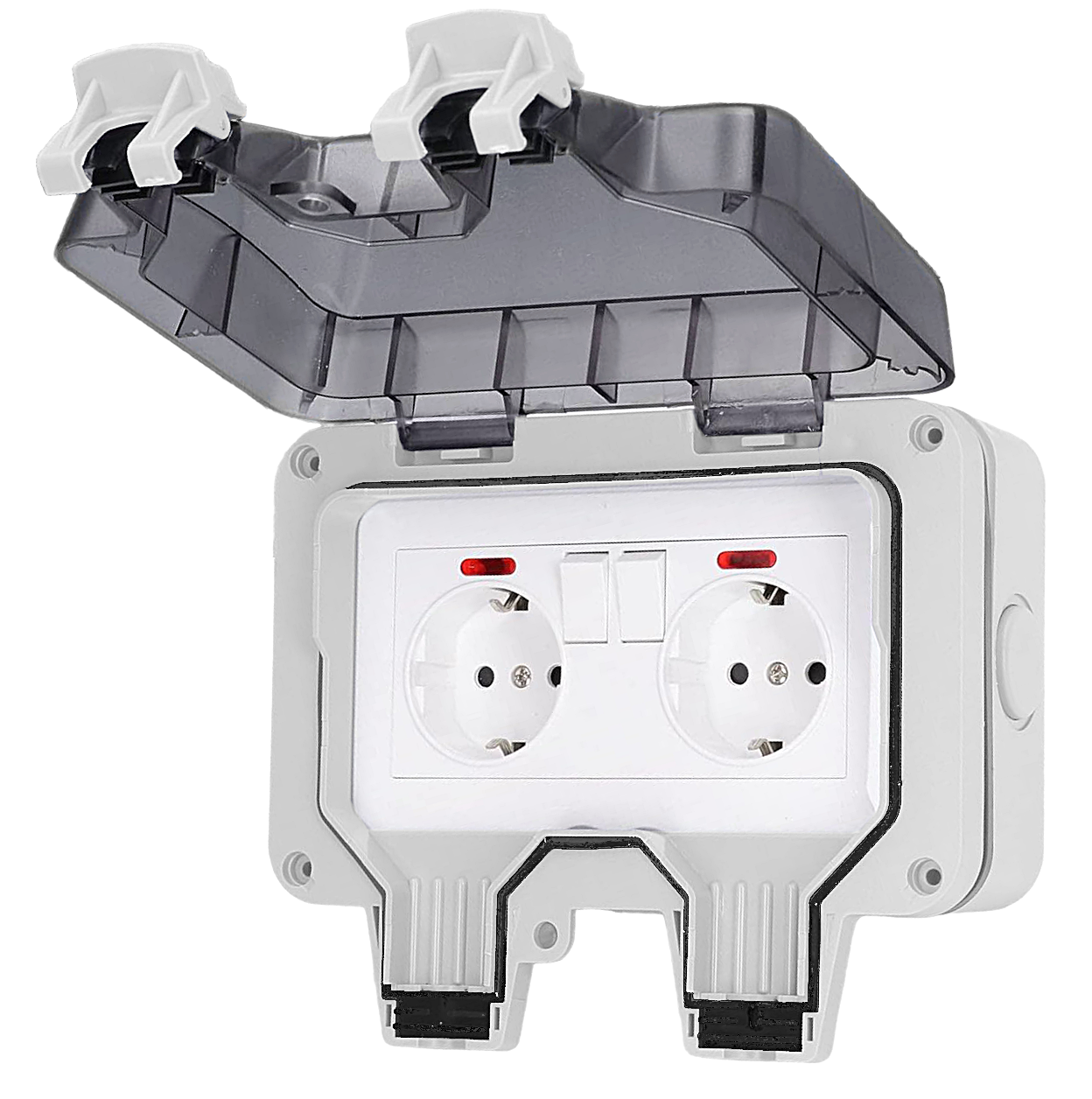 Podwójne gniazdo 230V hermetyczne, zewnętrzne, IP66, w kolorze jasnoszarym, z transparentną pokrywką, z pełnym zestawem mocującym 20