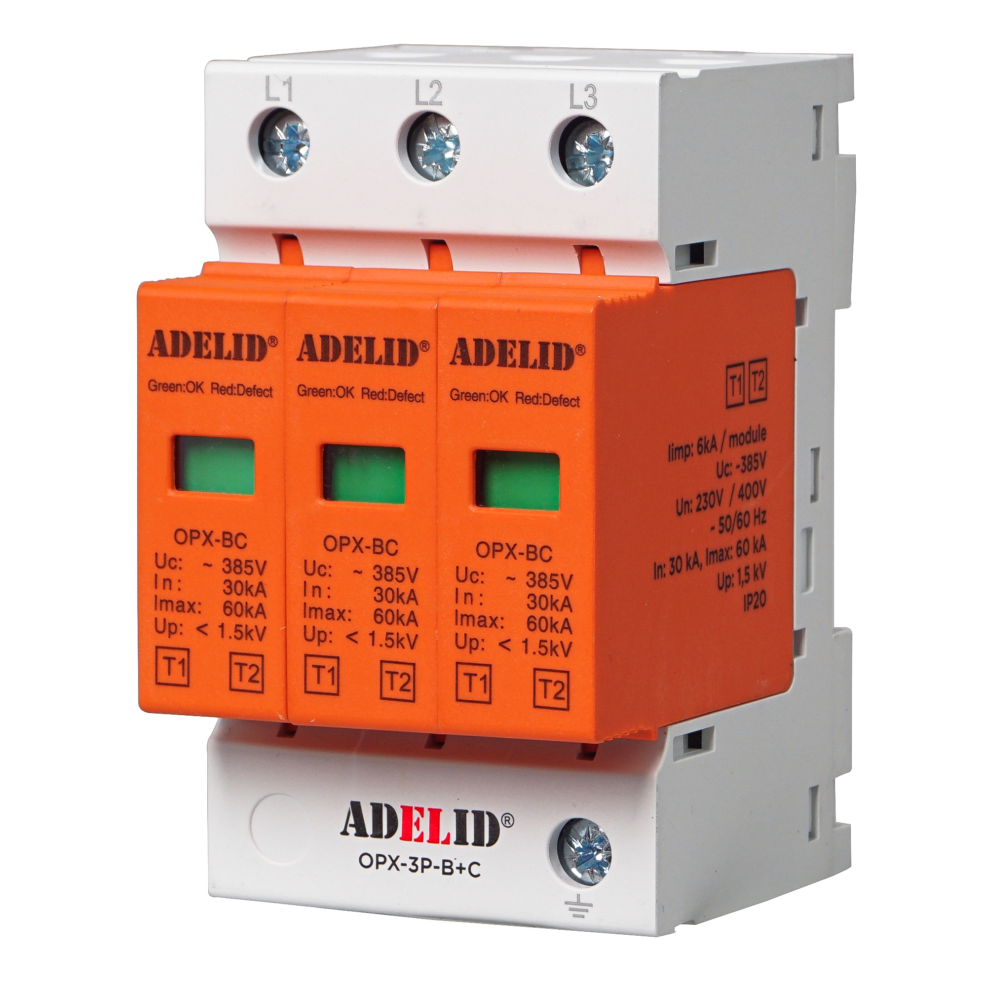 Ochronnik przeciwprzepięciowy 3-polowy, klasa B+C, 30-60 kA